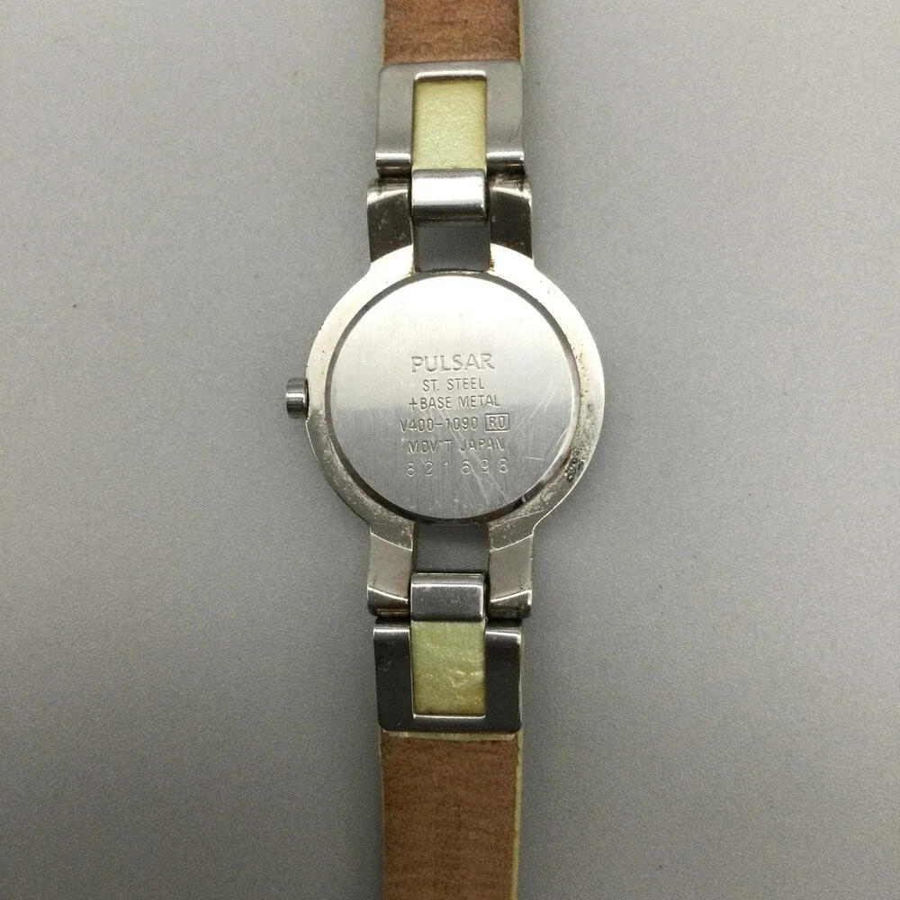 Pulsar Womens Watch 25mm Silver Tone Yellow Leather V400-1090 New Battery